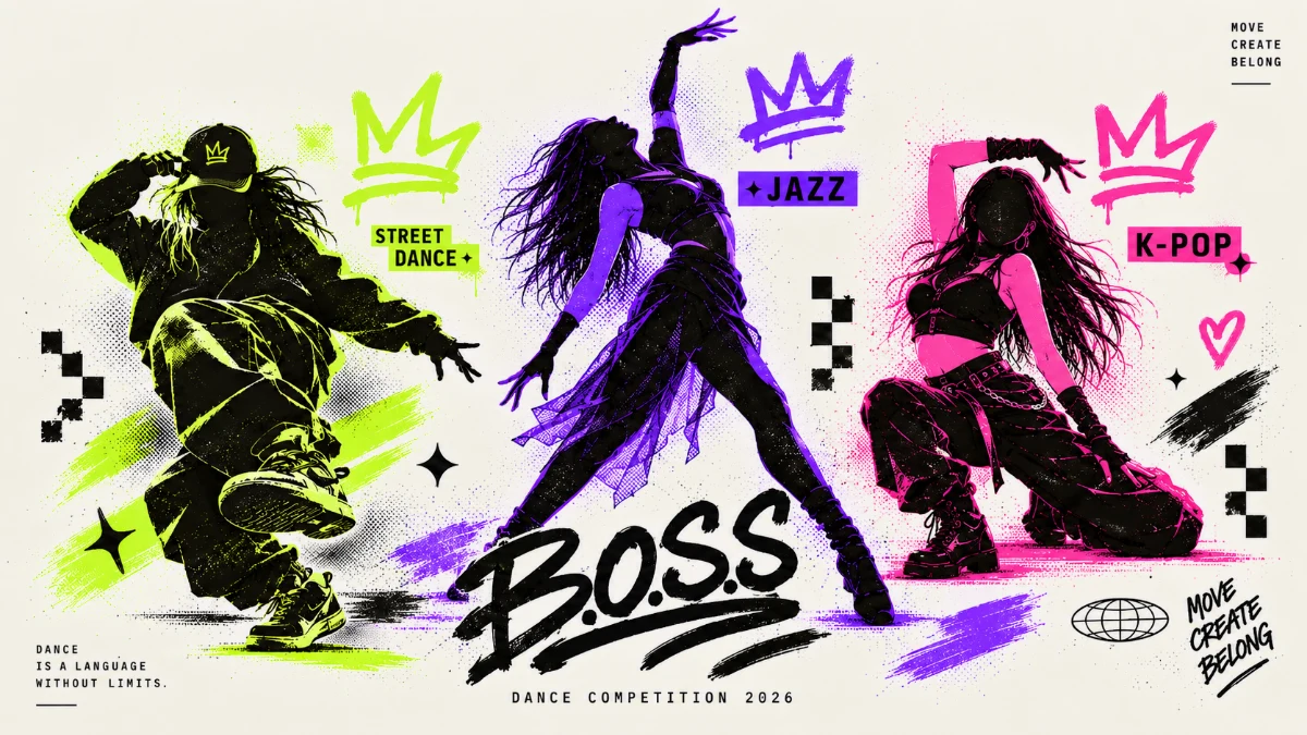 The B.O.S.S. trio — a Street Dance b-boy in Acid Lime, a Jazz dancer in Volt Violet and a K-pop dancer in Hot Magenta — in one campaign poster.