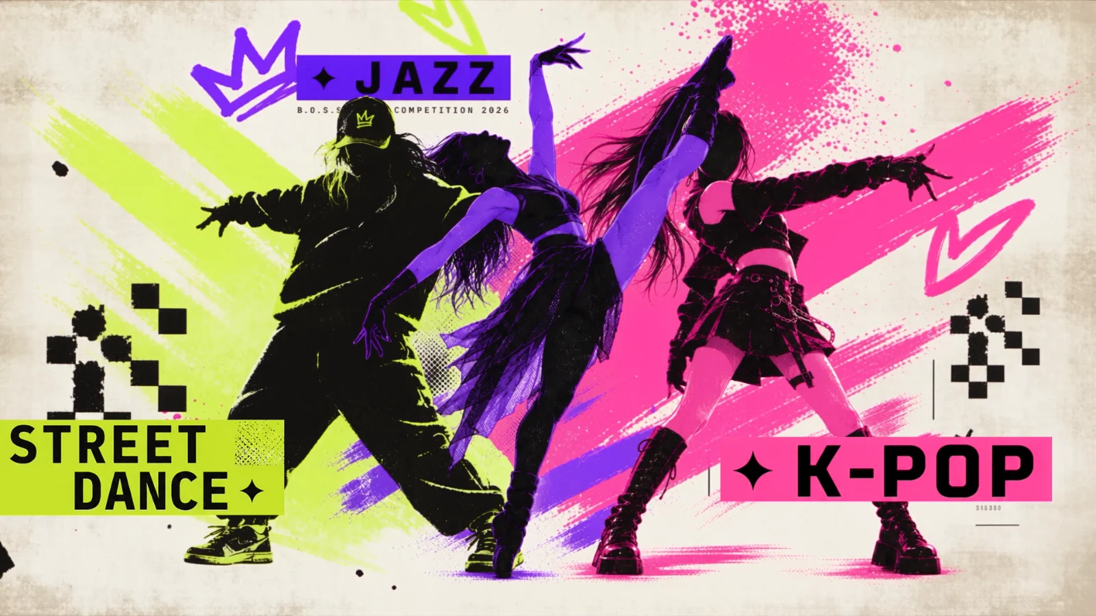 B.O.S.S. 2026 campaign film — Street Dance, Jazz and K-pop dancers on riso-printed paper.